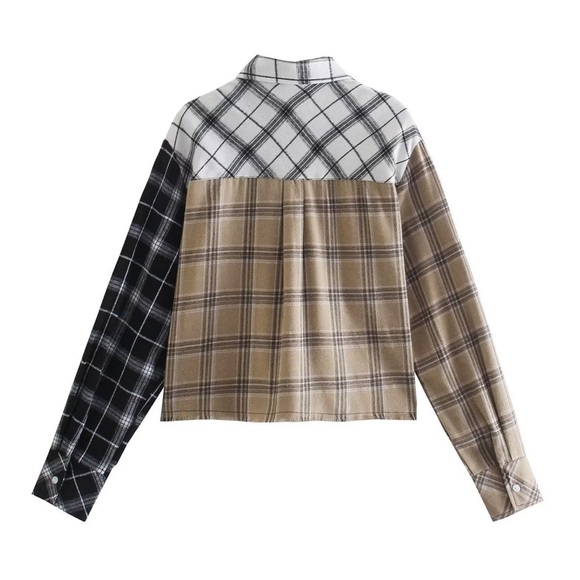 Patchwork Button Up Plaid Collared Shirt - Picture 2 of 3